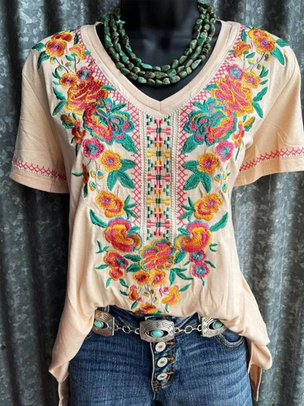 Prettybeautie Printed Short-sleeved V-neck Top