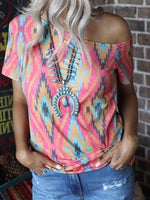 Printed Crew Neck Off-the-shoulder T-shirt