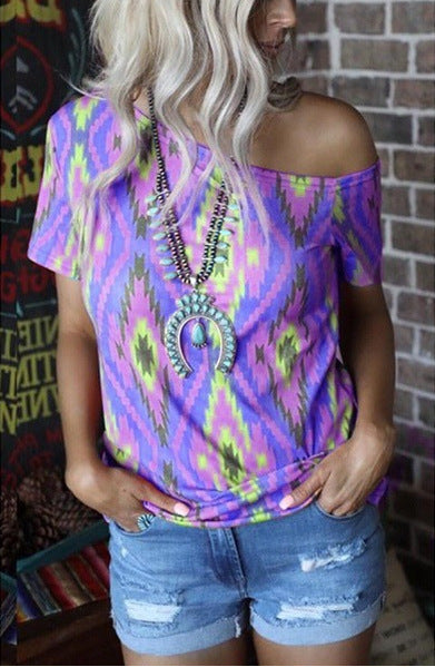 Printed Crew Neck Off-the-shoulder T-shirt