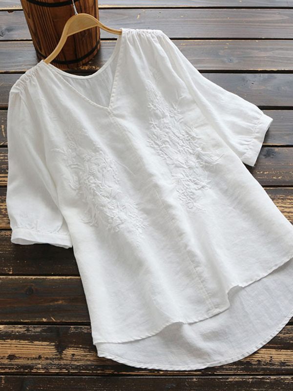 Solid V-Neck Embroidery Blouse