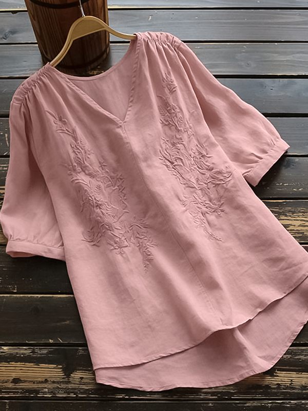 Solid V-Neck Embroidery Blouse