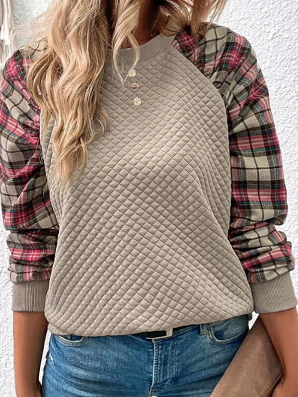 Plaid-Combo Button Sweatshirt