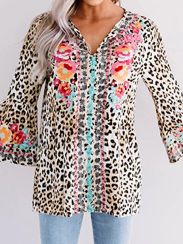 Floral V-Neck Leopard Shirt