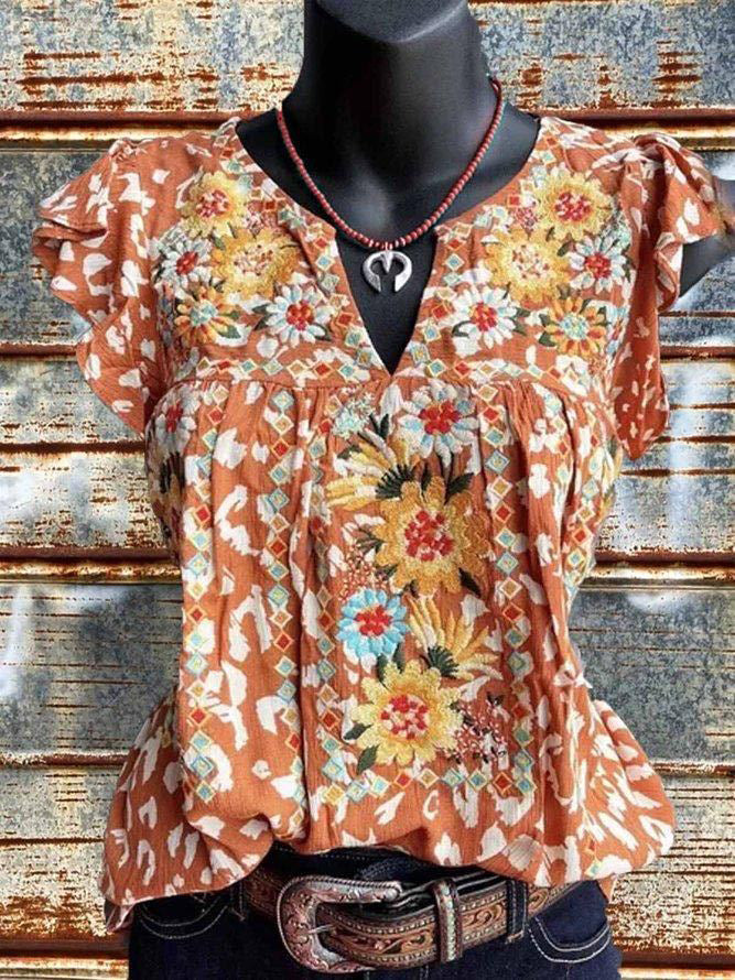 Prettybeautie Floral-Print V-Neck Frilled Top