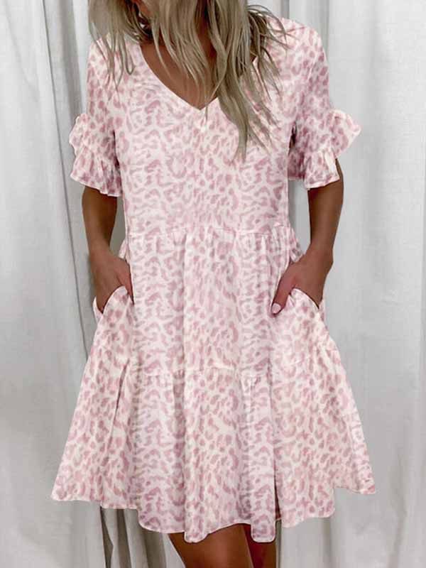 Prettybeautie Printed V-Neck Ruffle Dress